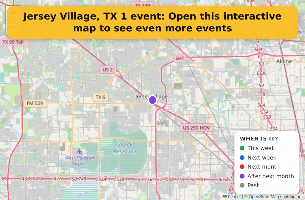 Map of events in Jersey Village, TX on the interactive EVENTULIST map