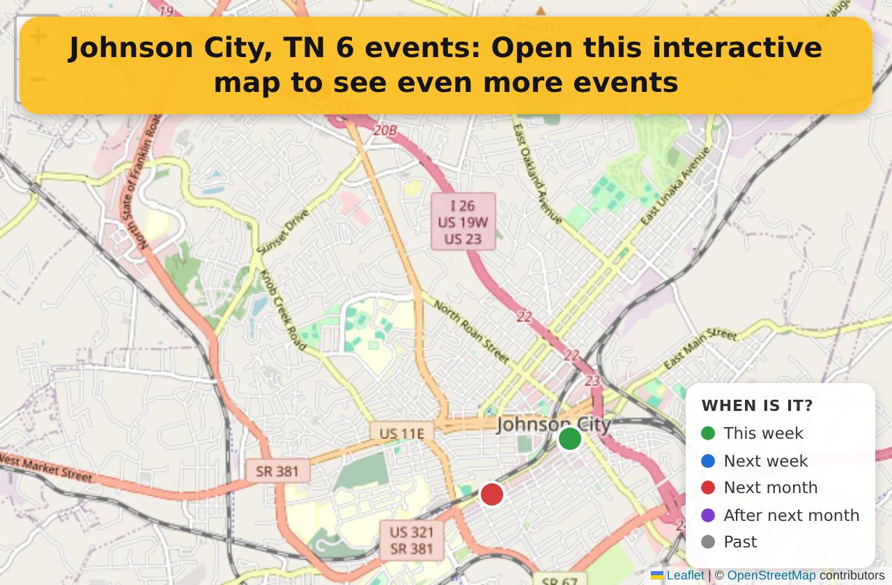 Map of events in Johnson City, TN on the interactive EVENTULIST map