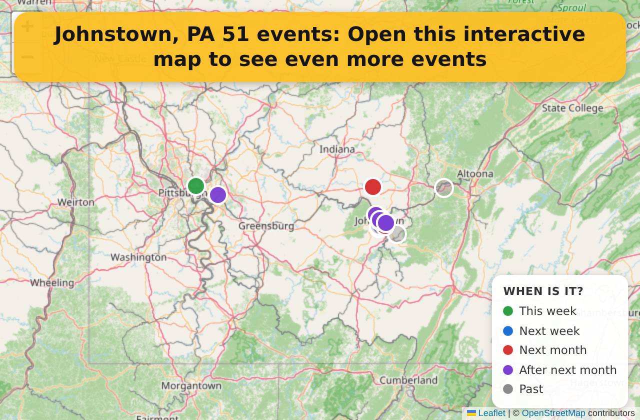 Map of events in Johnstown, PA on the interactive EVENTULIST map