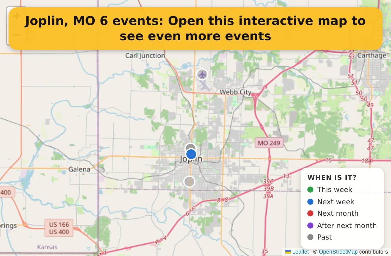 Map of events in Joplin, MO on the interactive EVENTULIST map