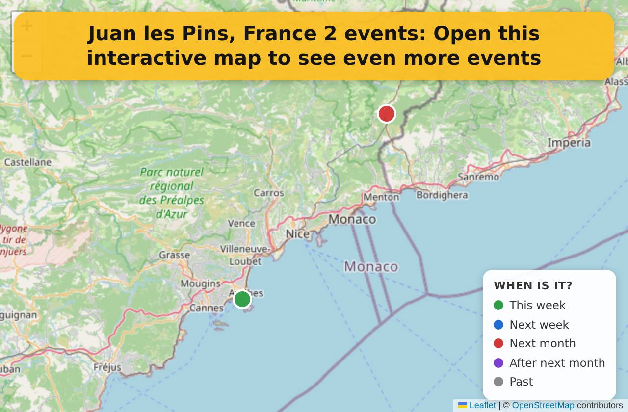 Map of events in Juan les Pins, France on the interactive EVENTULIST map