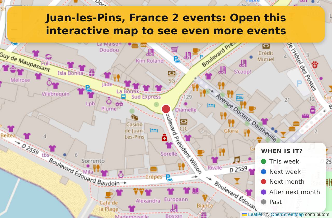 Map of events in Juan-les-Pins, France on the interactive EVENTULIST map
