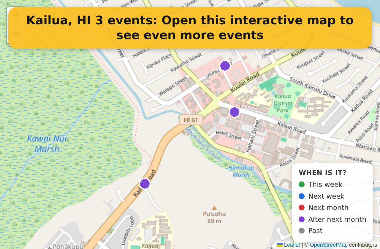 Map of events in Kailua, HI on the interactive EVENTULIST map