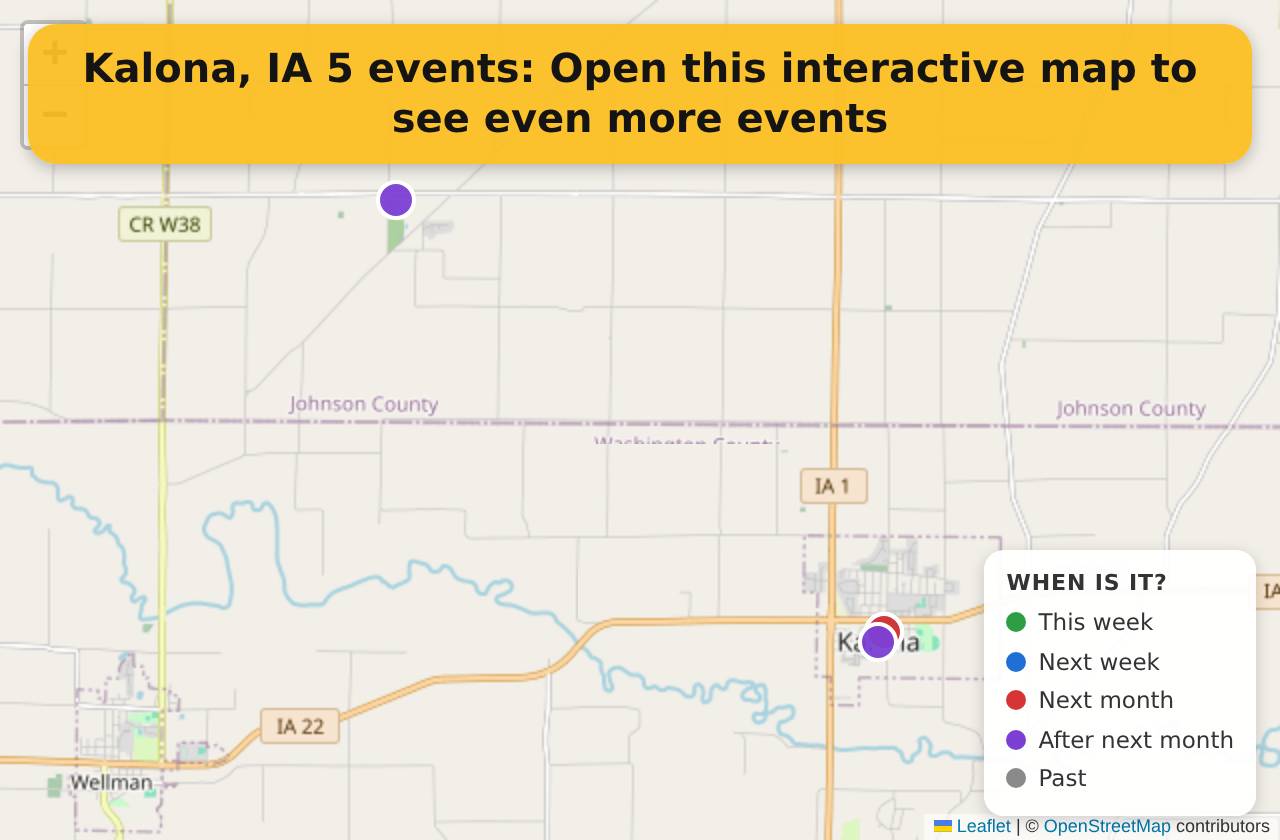 Map of events in Kalona, IA on the interactive EVENTULIST map