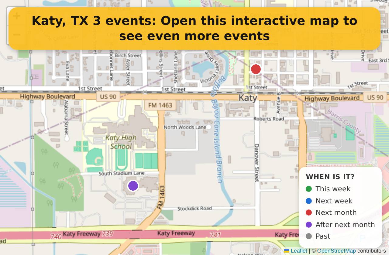 Map of events in Katy, TX on the interactive EVENTULIST map
