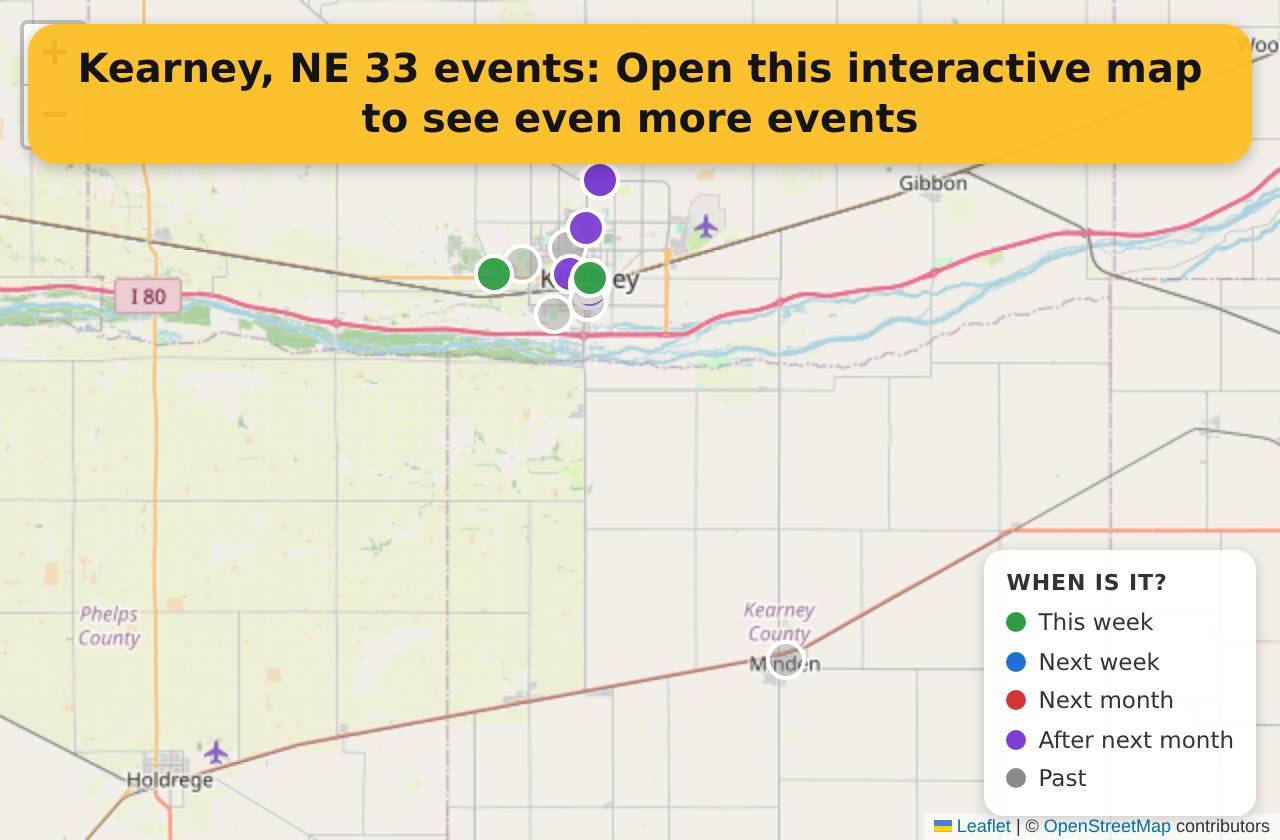Map of events in Kearney, NE on the interactive EVENTULIST map