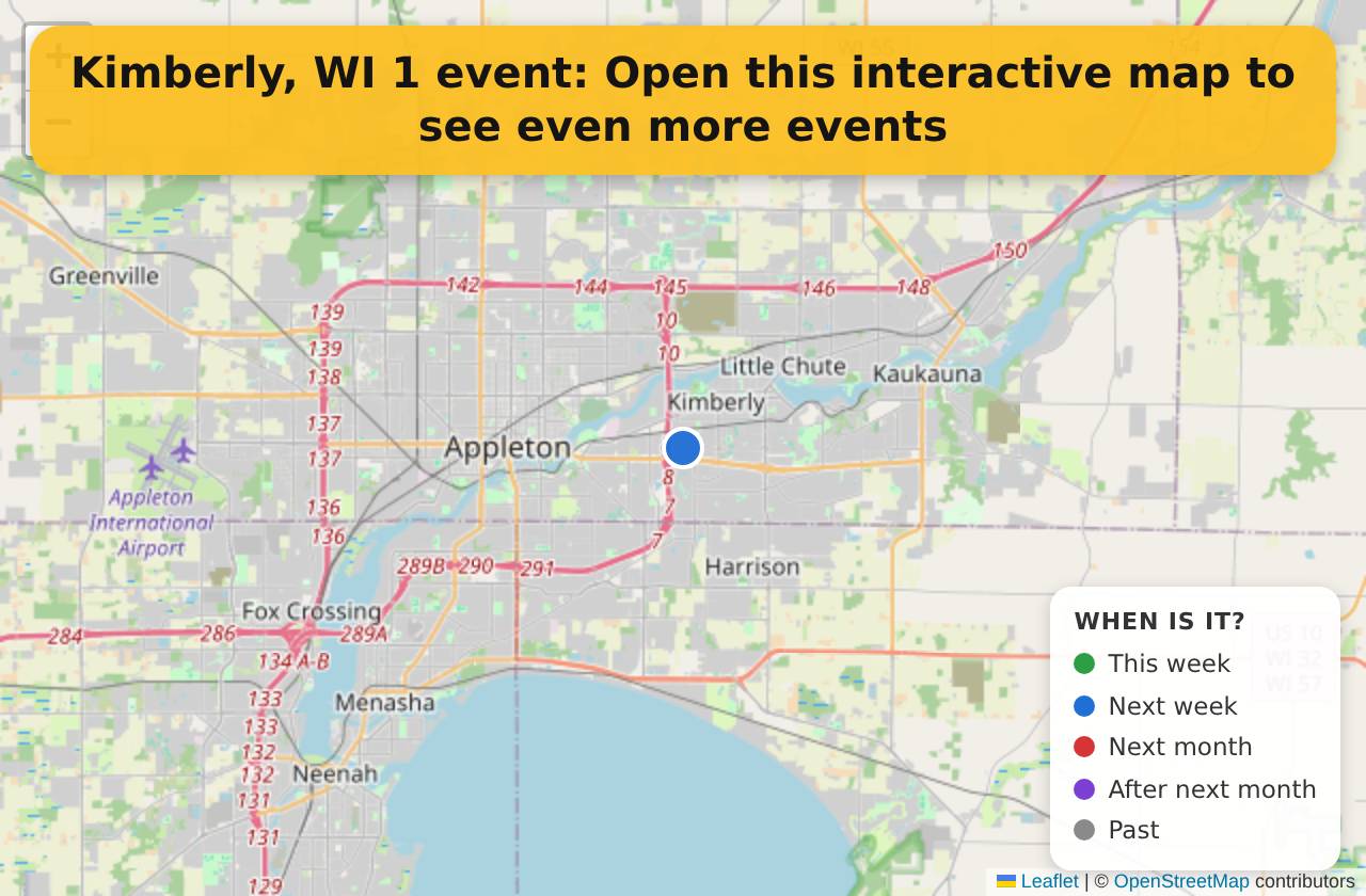 Map of events in Kimberly, WI on the interactive EVENTULIST map