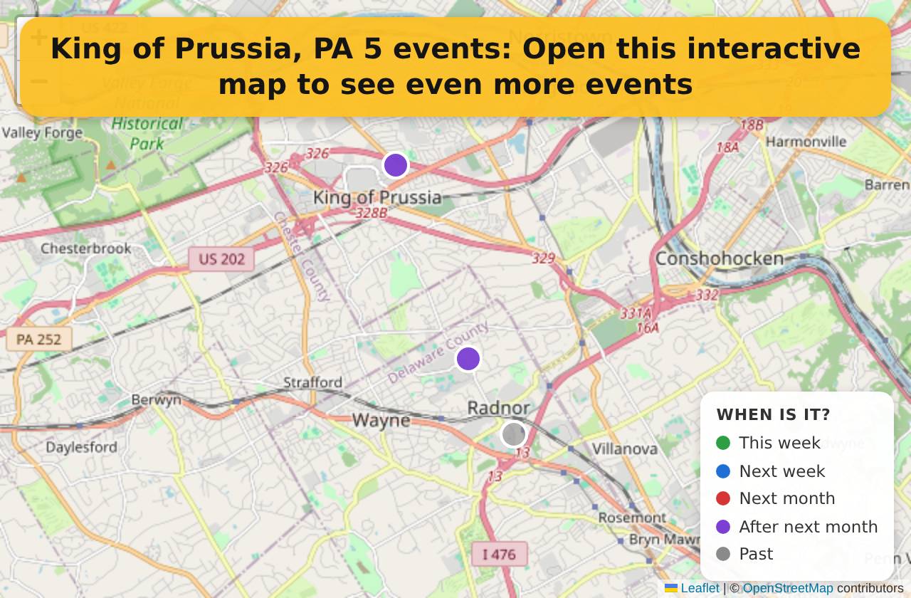 Map of events in King of Prussia, PA on the interactive EVENTULIST map