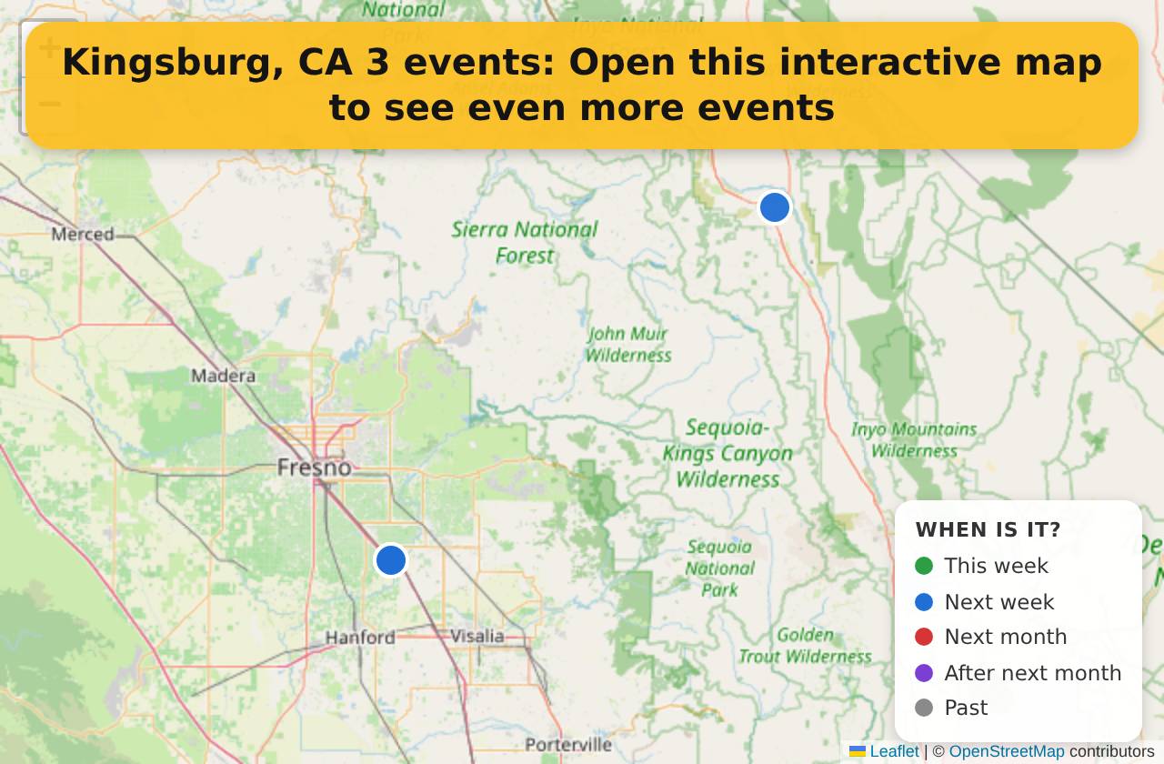 Map of events in Kingsburg, CA on the interactive EVENTULIST map