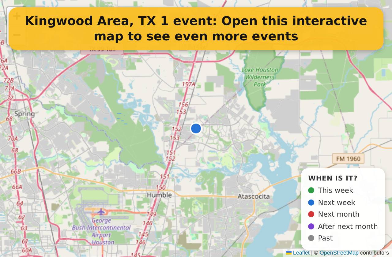Map of events in Kingwood Area, TX on the interactive EVENTULIST map
