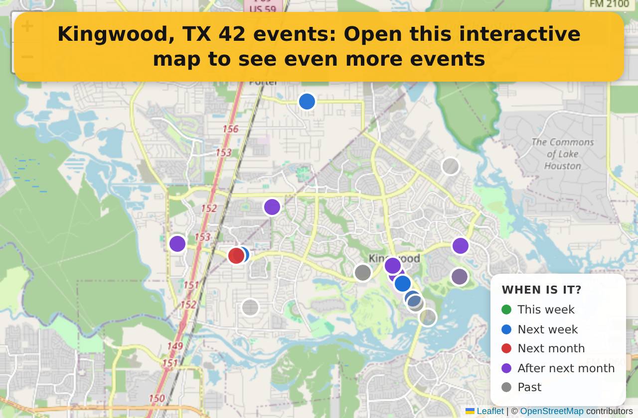 Map of events in Kingwood, TX on the interactive EVENTULIST map