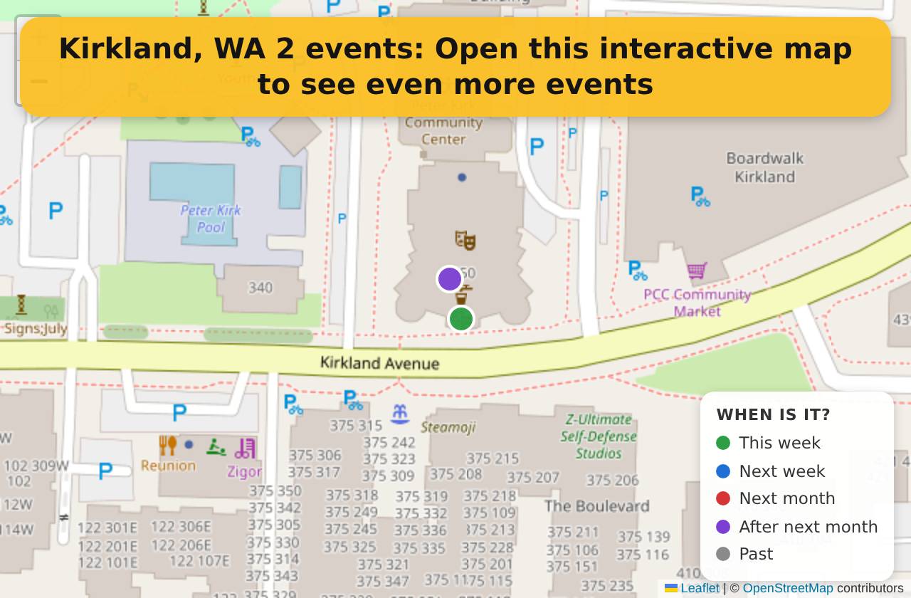 Map of events in Kirkland, WA on the interactive EVENTULIST map