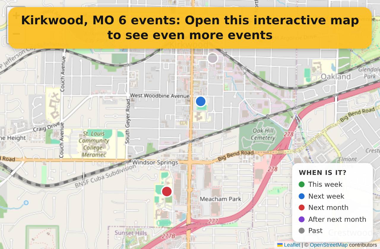 Map of events in Kirkwood, MO on the interactive EVENTULIST map