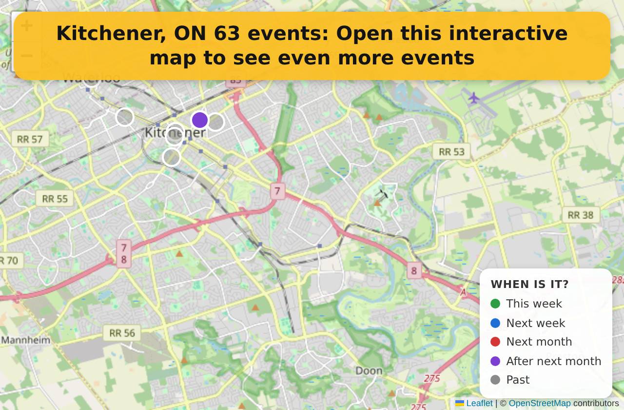 Map of events in Kitchener, ON on the interactive EVENTULIST map