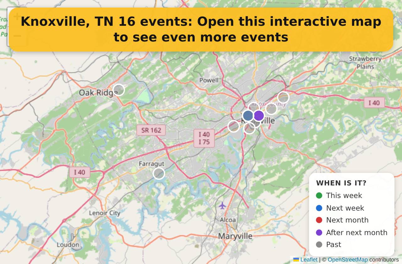 Map of events in Knoxville, TN on the interactive EVENTULIST map