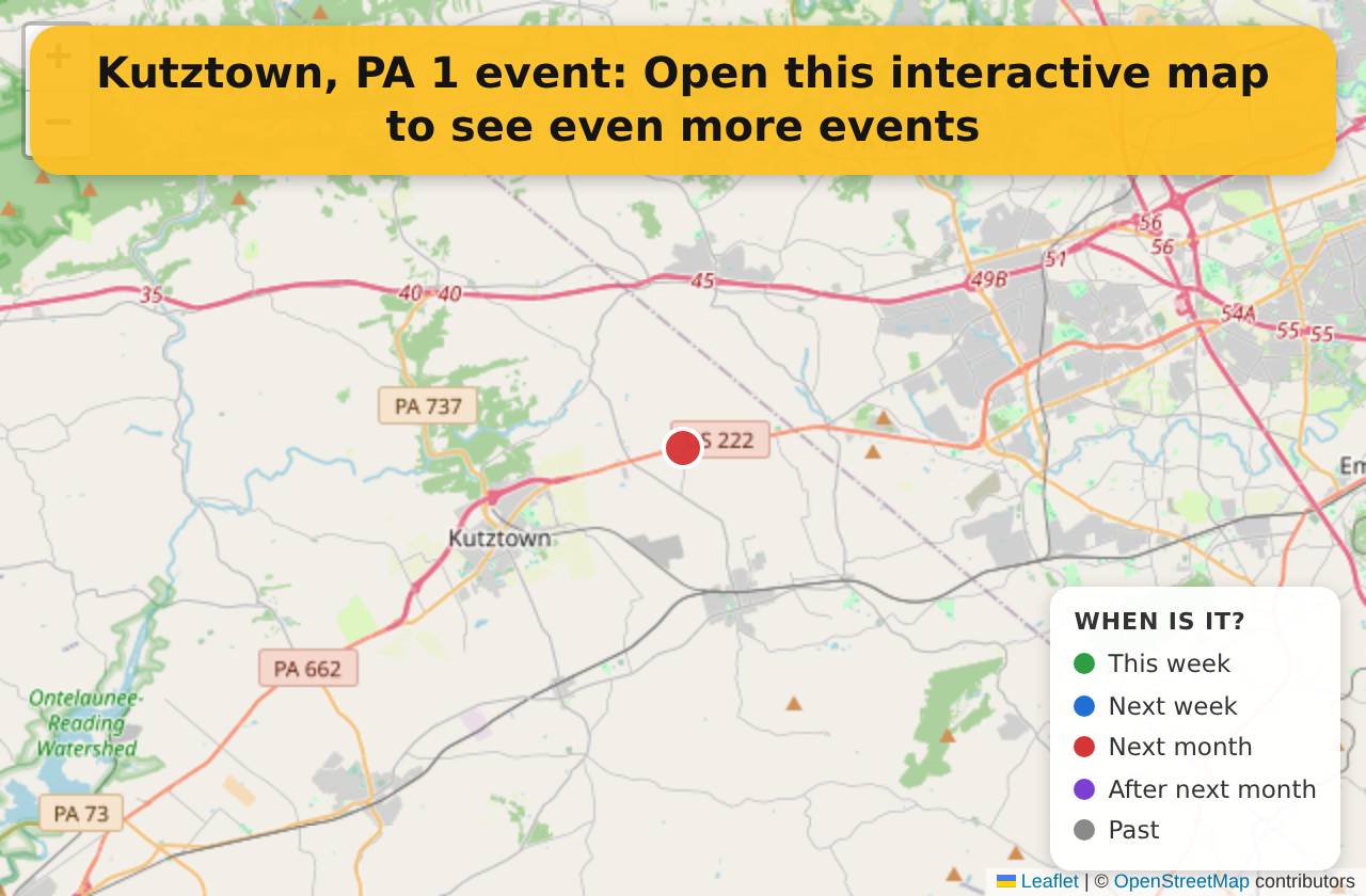 Map of events in Kutztown, PA on the interactive EVENTULIST map