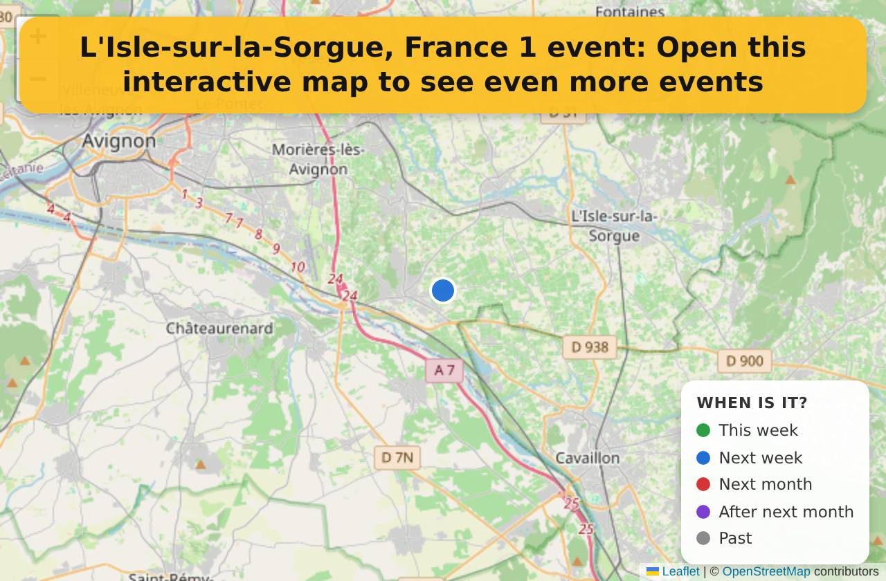 Map of events in L'Isle-sur-la-Sorgue, France on the interactive EVENTULIST map