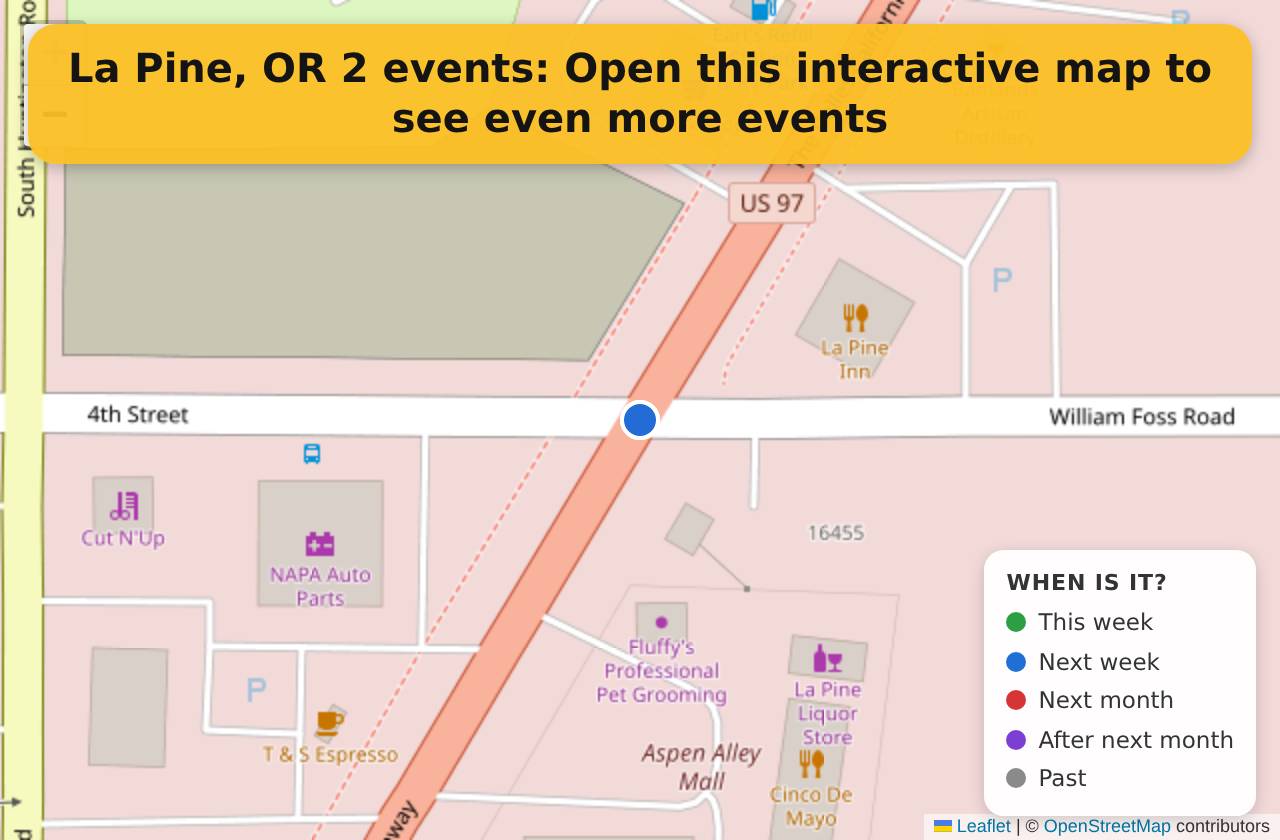 Map of events in La Pine, OR on the interactive EVENTULIST map