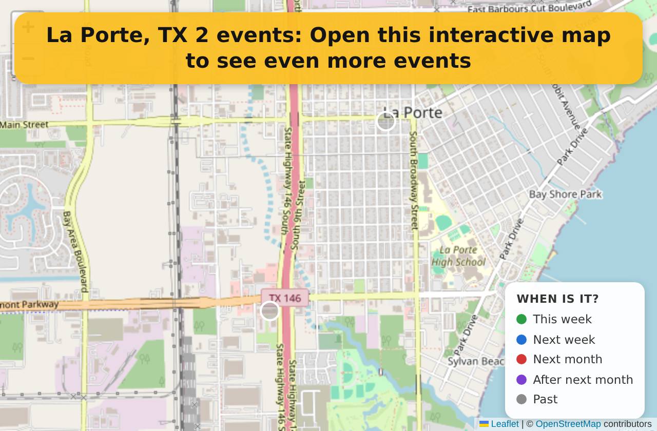 Map of events in La Porte, TX on the interactive EVENTULIST map