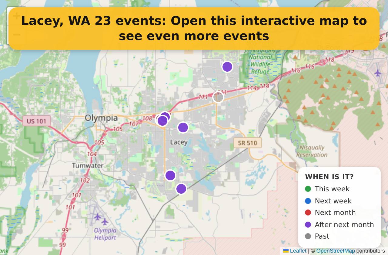 Map of events in Lacey, WA on the interactive EVENTULIST map