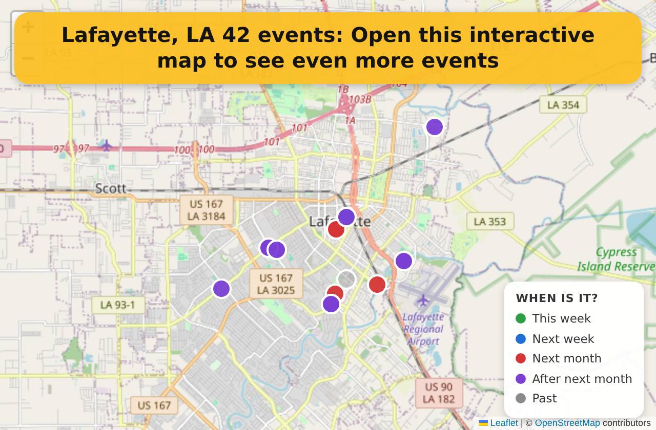 Map of events in Lafayette, LA on the interactive EVENTULIST map