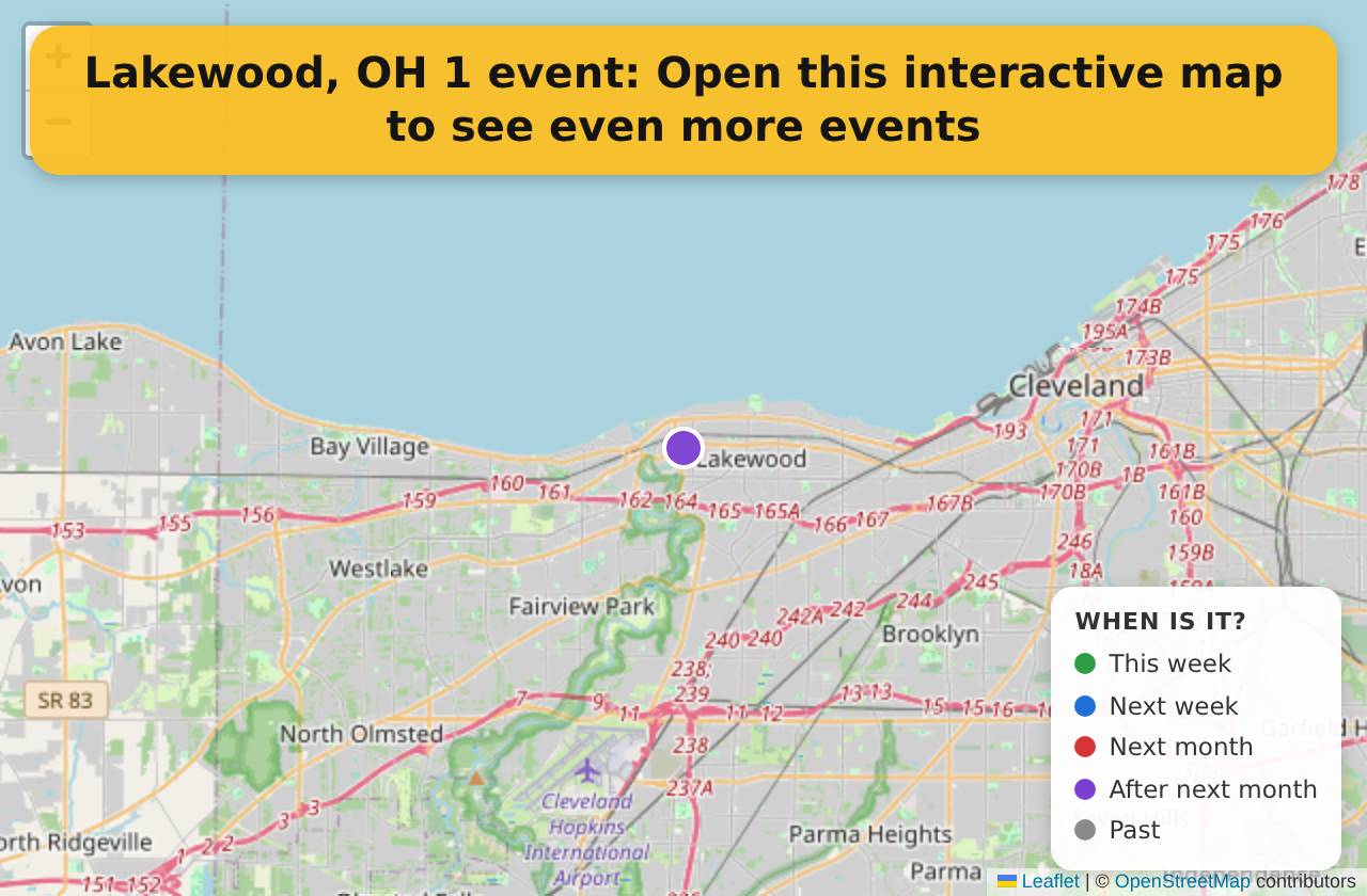 Map of events in Lakewood, OH on the interactive EVENTULIST map
