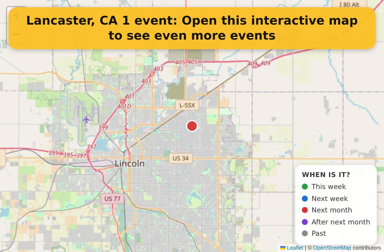 Map of events in Lancaster, CA on the interactive EVENTULIST map