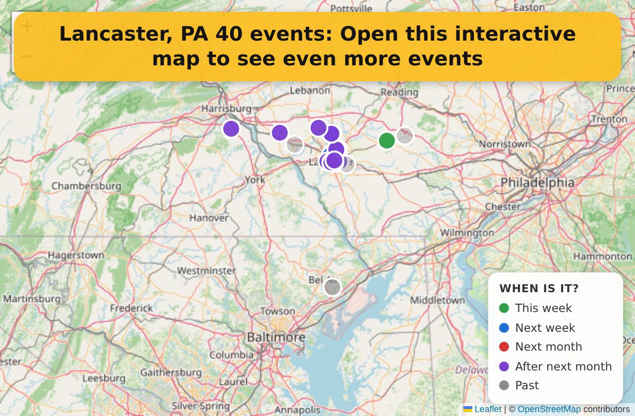 Map of events in Lancaster, PA on the interactive EVENTULIST map