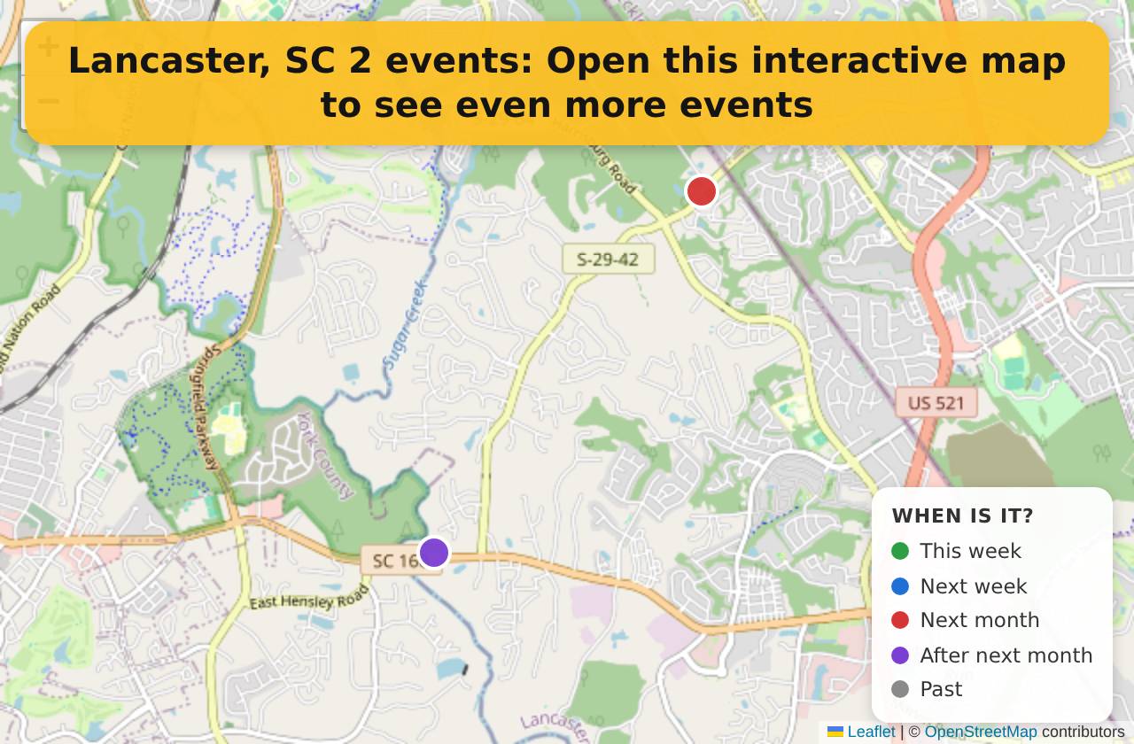 Map of events in Lancaster, SC on the interactive EVENTULIST map