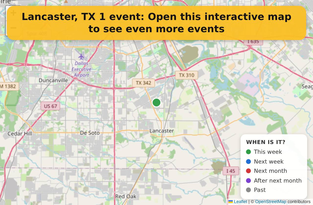 Map of events in Lancaster, TX on the interactive EVENTULIST map