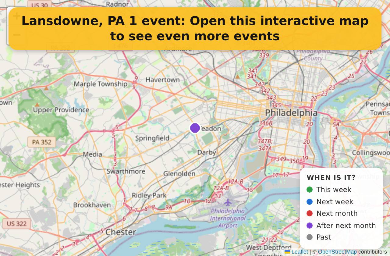 Map of events in Lansdowne, PA on the interactive EVENTULIST map
