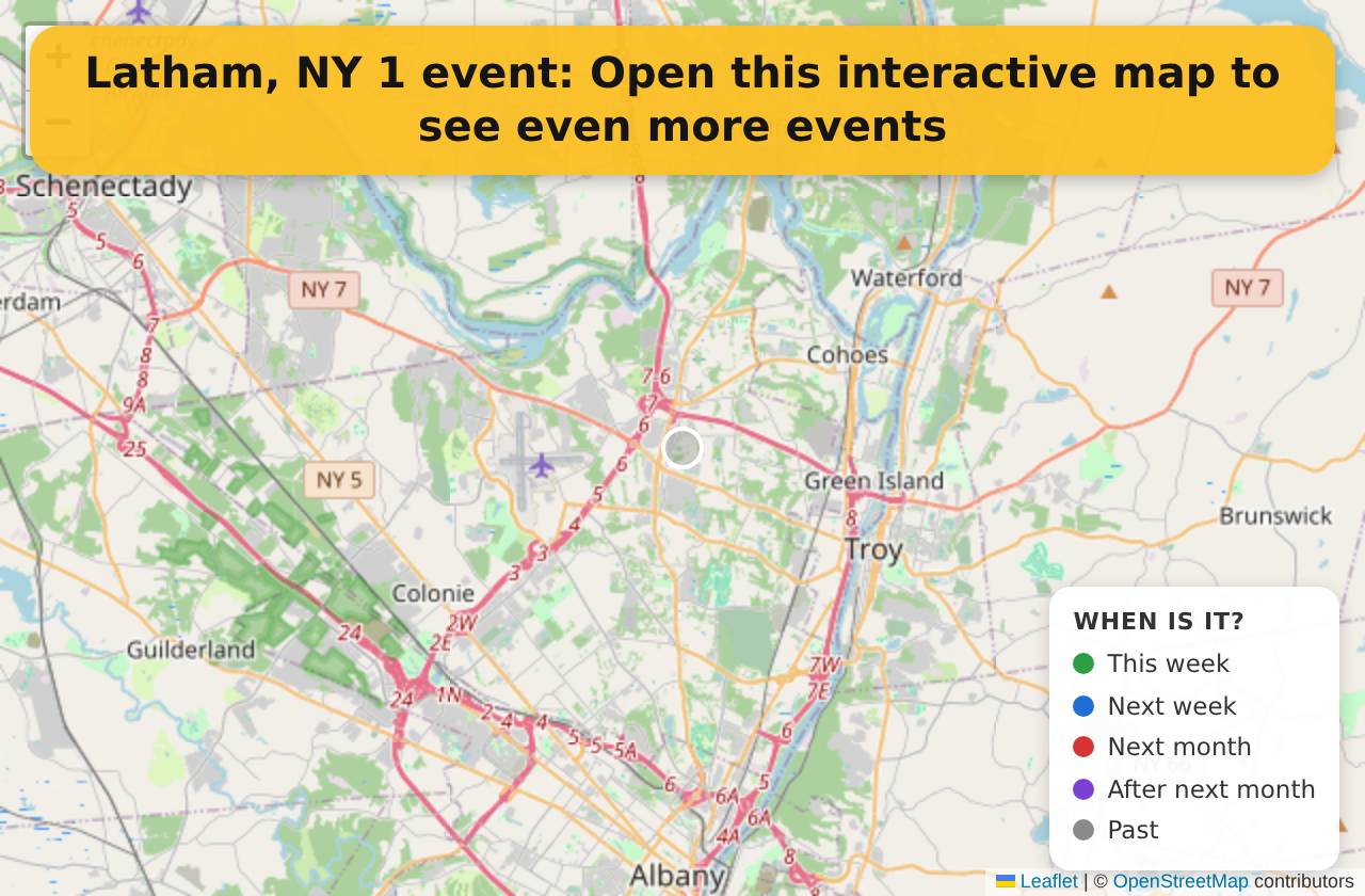 Map of events in Latham, NY on the interactive EVENTULIST map