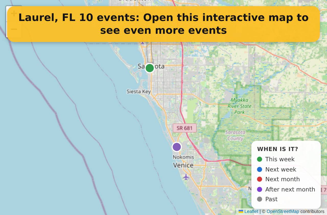 Map of events in Laurel, FL on the interactive EVENTULIST map