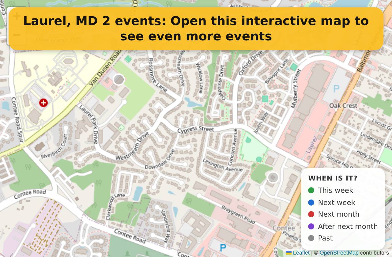 Map of events in Laurel, MD on the interactive EVENTULIST map
