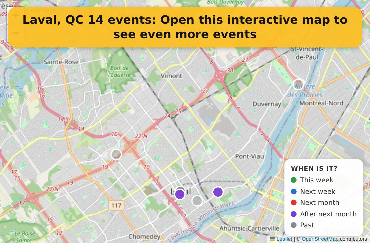 Map of events in Laval, QC on the interactive EVENTULIST map