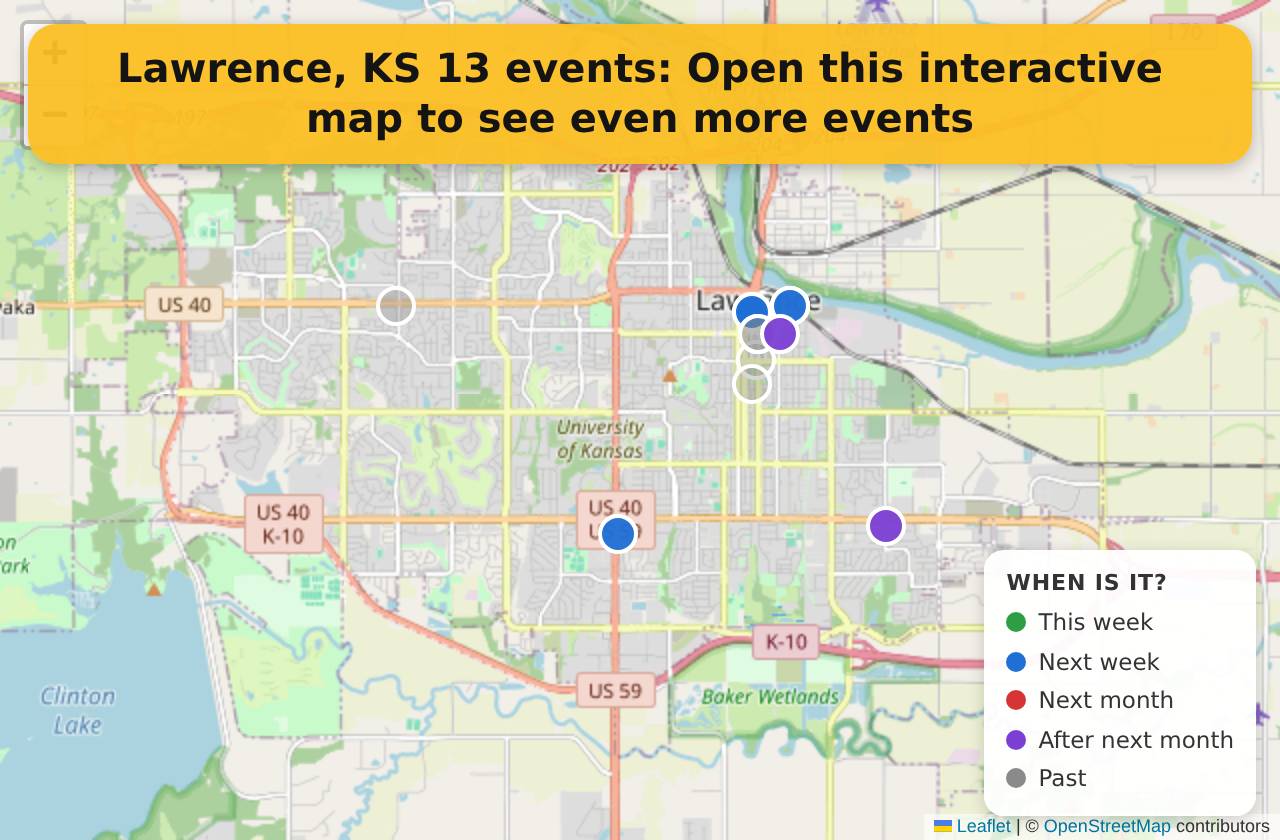 Map of events in Lawrence, KS on the interactive EVENTULIST map