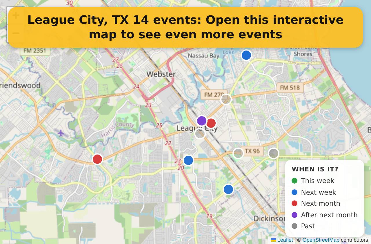 Map of events in League City, TX on the interactive EVENTULIST map