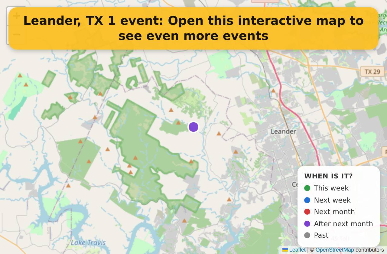 Map of events in Leander, TX on the interactive EVENTULIST map