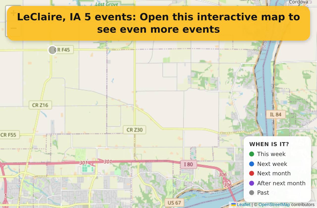 Map of events in LeClaire, IA on the interactive EVENTULIST map