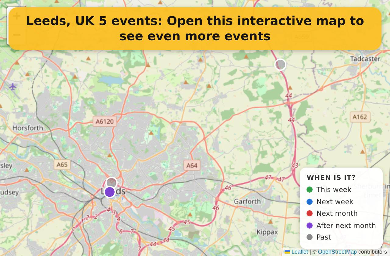 Map of events in Leeds, UK on the interactive EVENTULIST map