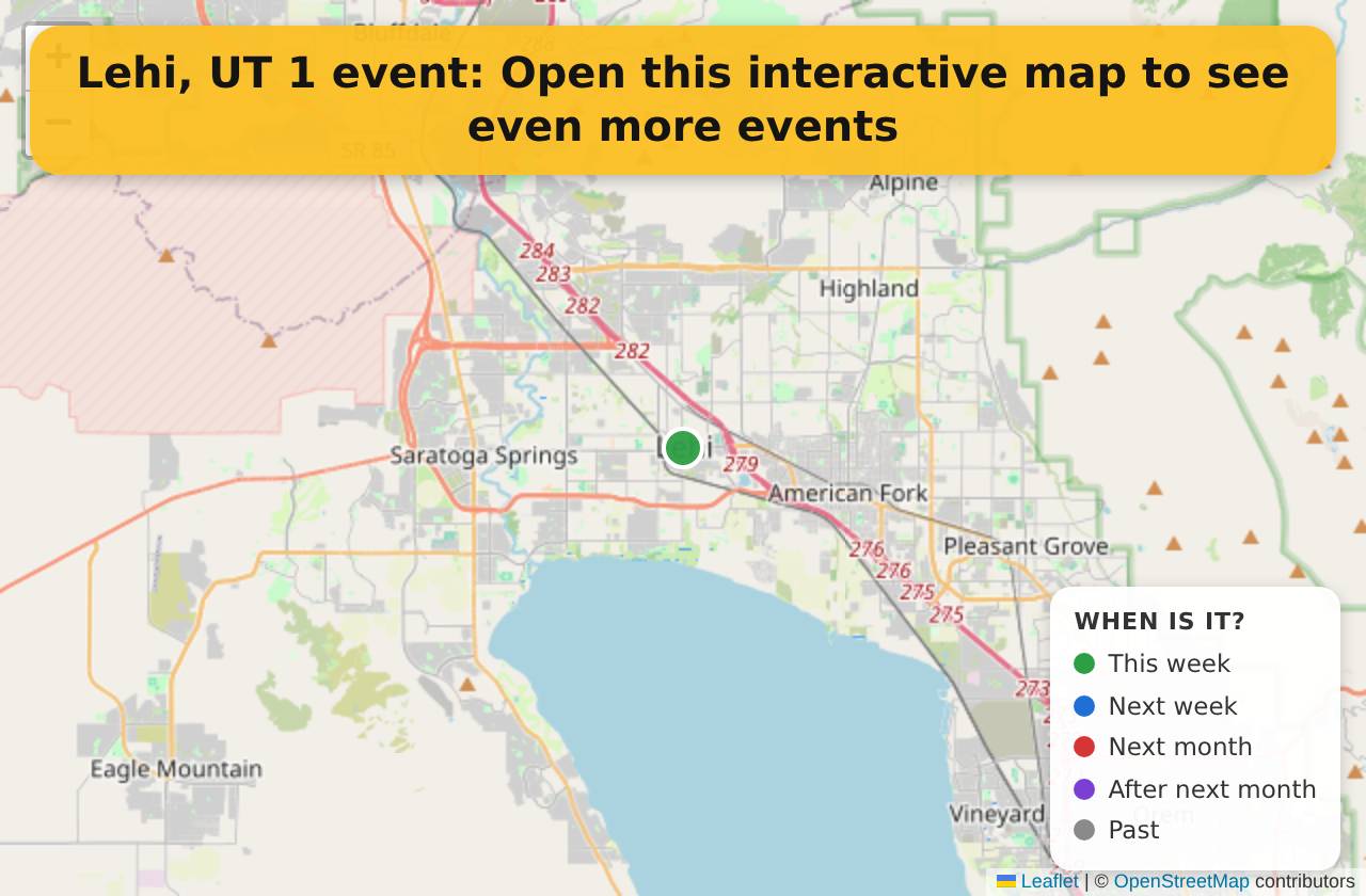 Map of events in Lehi, UT on the interactive EVENTULIST map