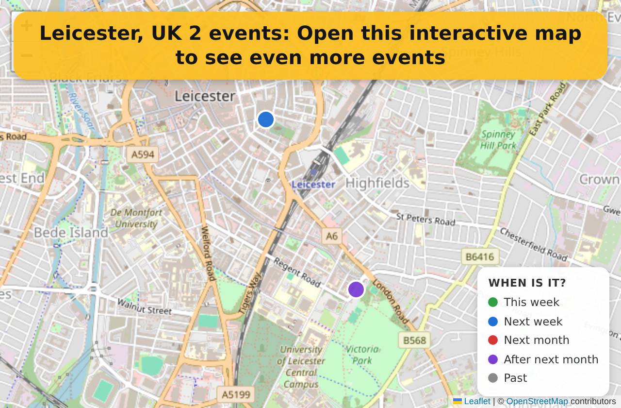Map of events in Leicester, UK on the interactive EVENTULIST map