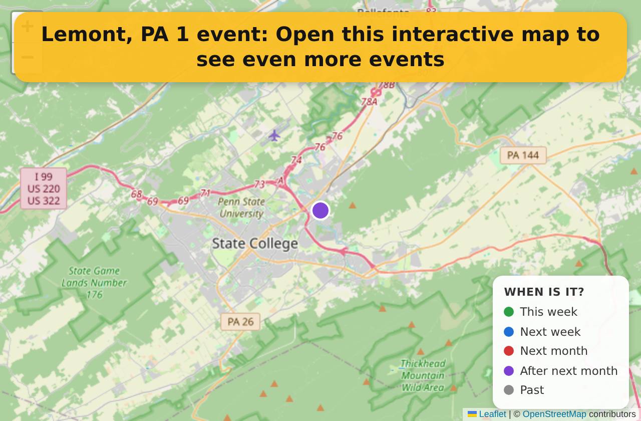 Map of events in Lemont, PA on the interactive EVENTULIST map