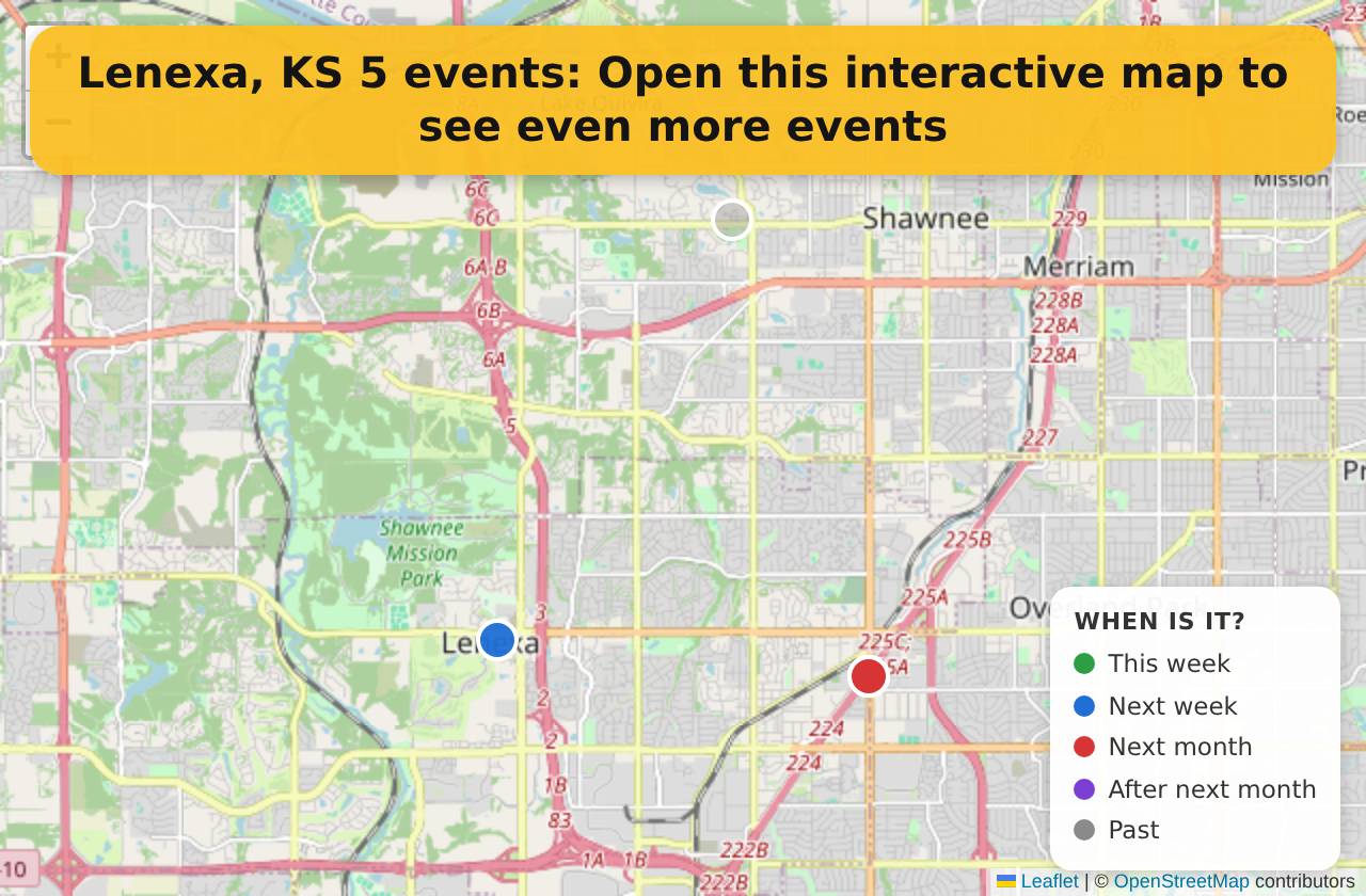 Map of events in Lenexa, KS on the interactive EVENTULIST map