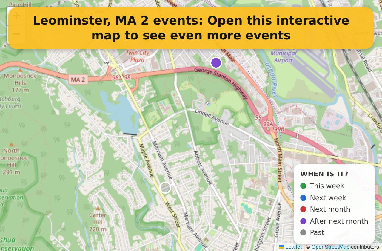 Map of events in Leominster, MA on the interactive EVENTULIST map