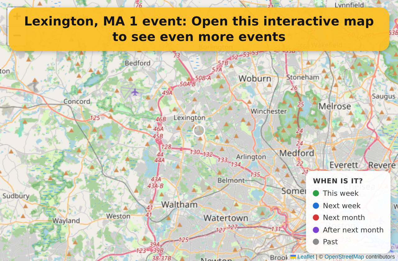 Map of events in Lexington, MA on the interactive EVENTULIST map