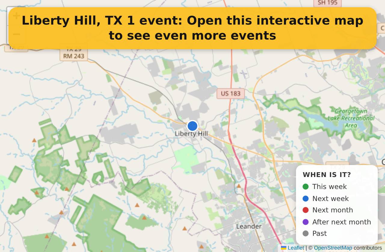 Map of events in Liberty Hill, TX on the interactive EVENTULIST map