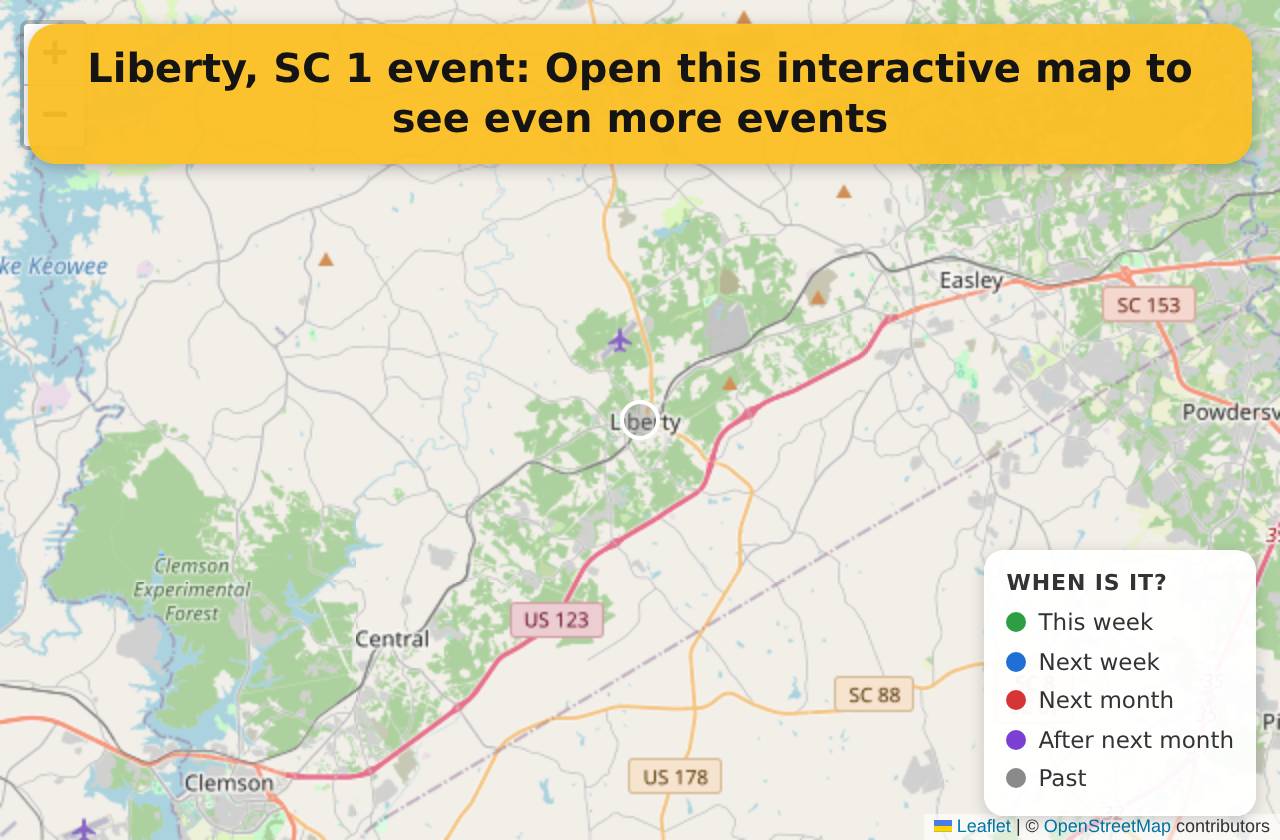 Map of events in Liberty, SC on the interactive EVENTULIST map
