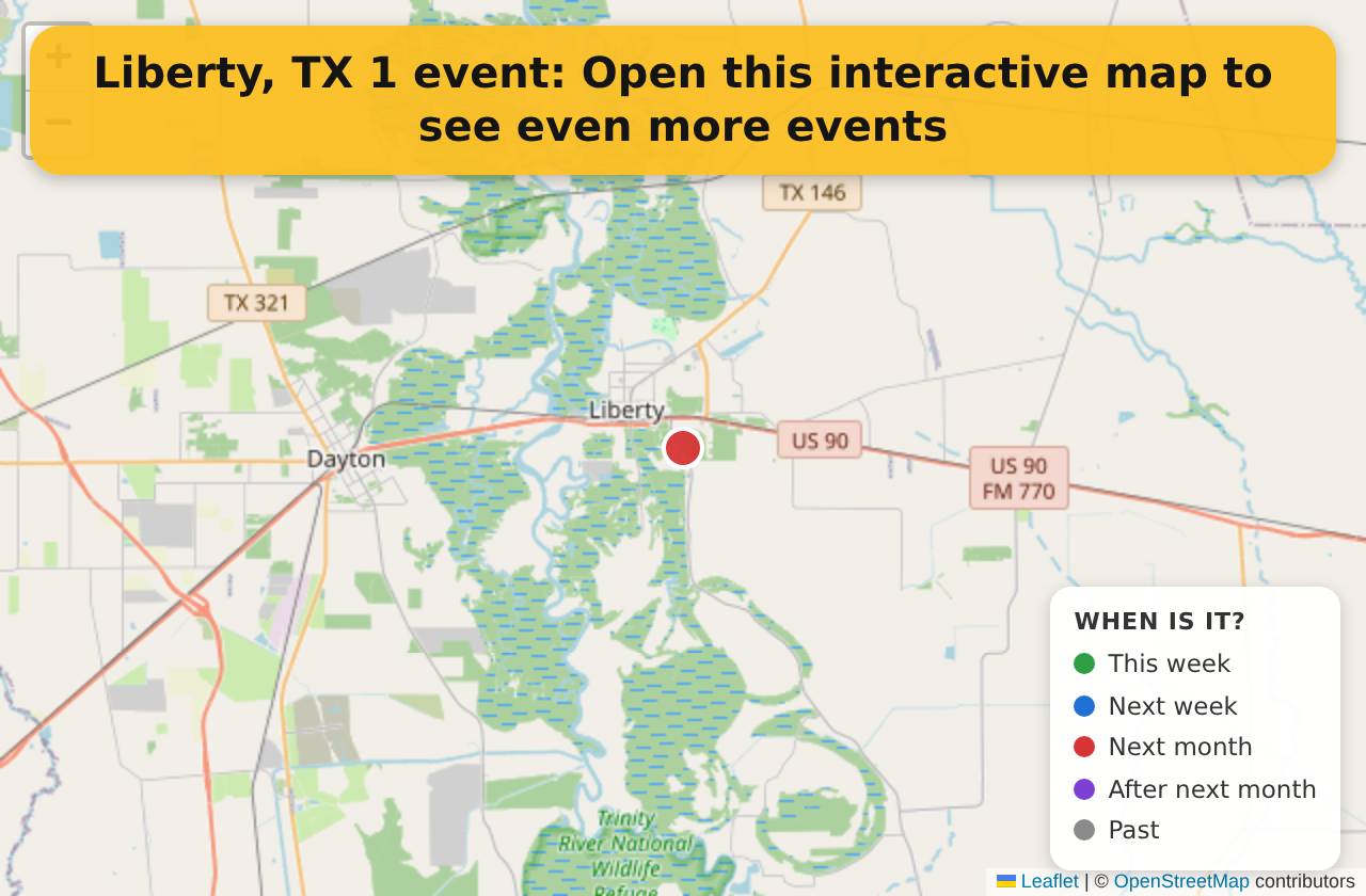 Map of events in Liberty, TX on the interactive EVENTULIST map