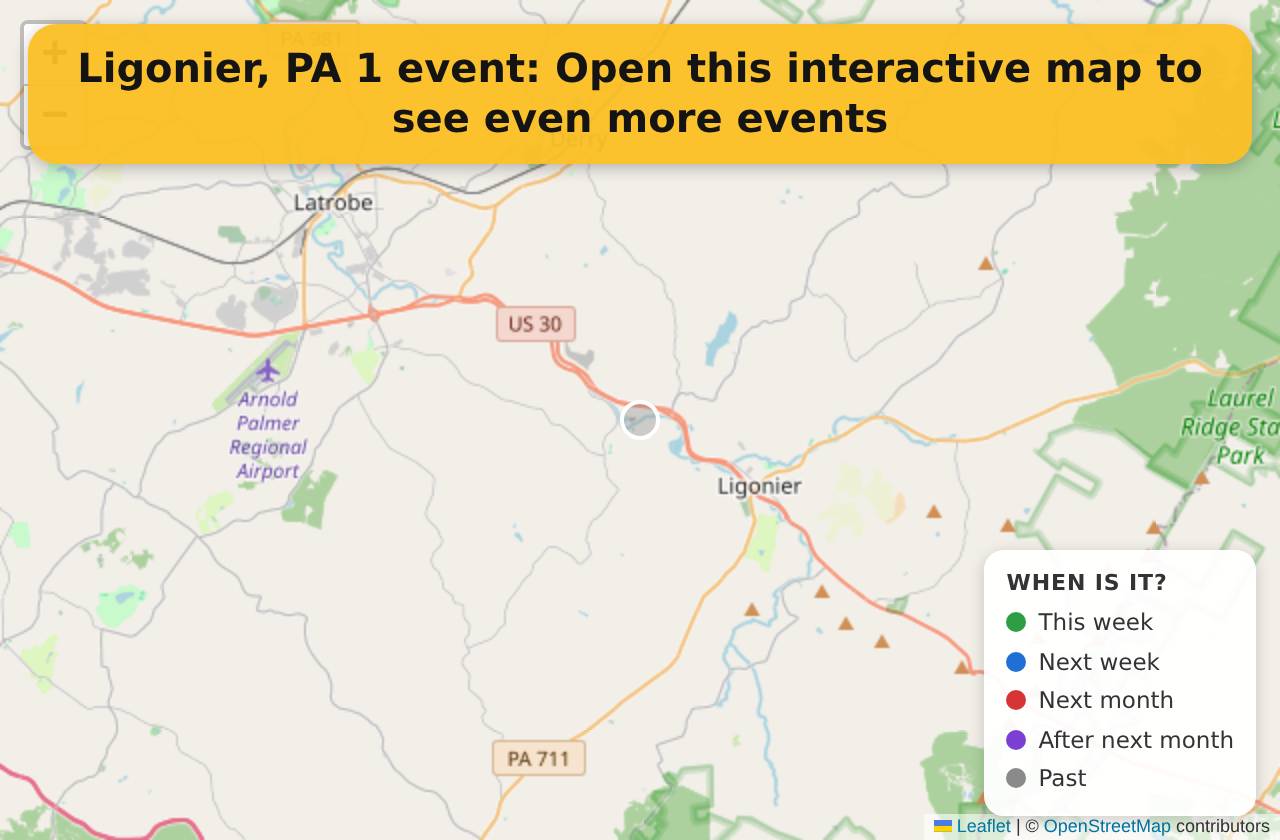Map of events in Ligonier, PA on the interactive EVENTULIST map